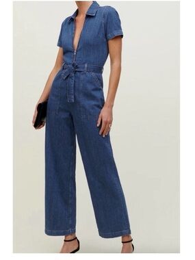 Reformation Blue Denim Zip-Front Jumpsuit Dress